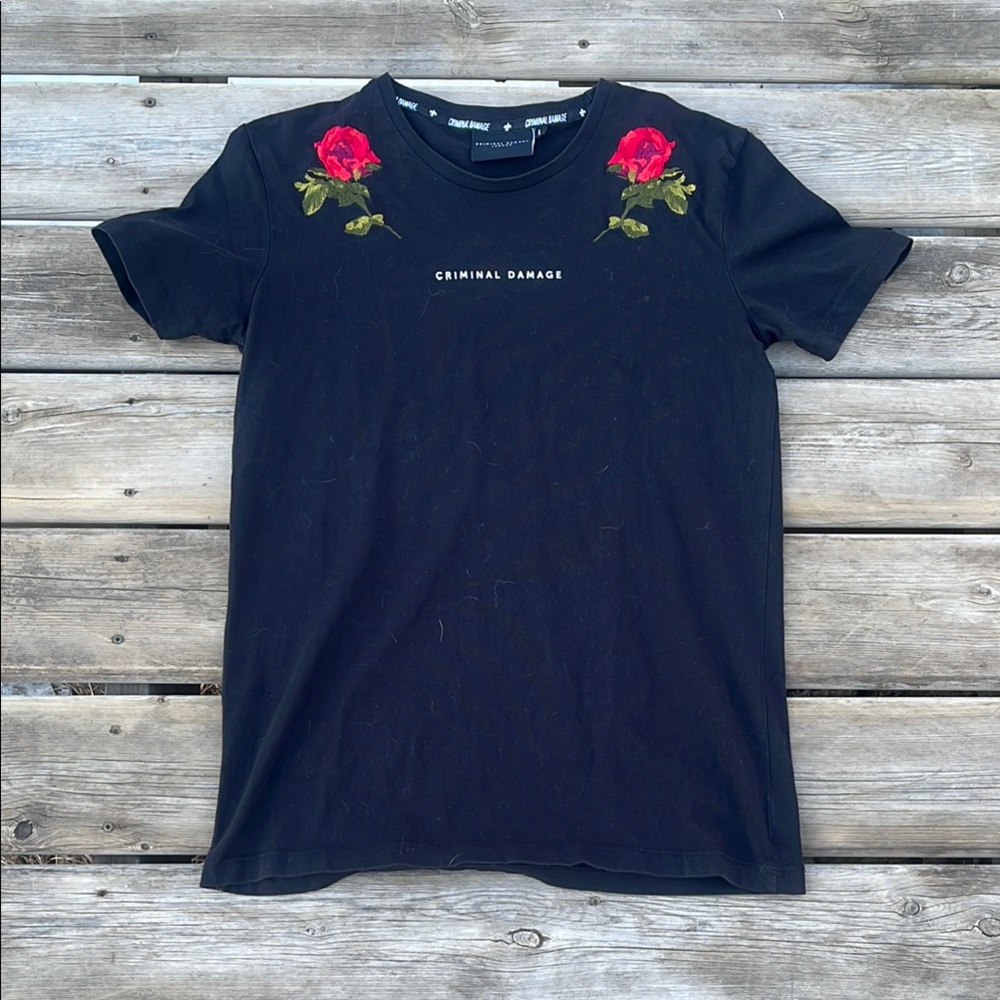 Criminal Damage Black T-Shirt with Red Rose Embroidery